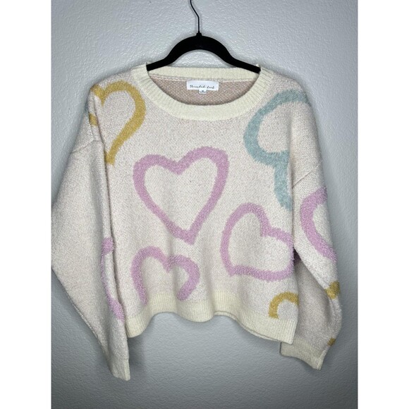 Threaded Leaf Sweater Womens Medium Cream Pastel Hearts Crewneck Pullover Fuzzy - Picture 1 of 6